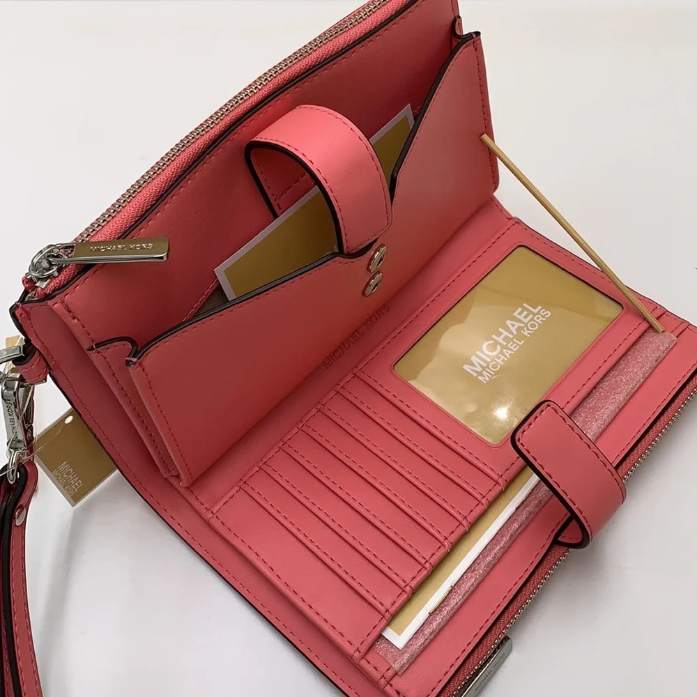 MICHAEL KORS JET SET TRAVEL LARGE DOUBLE ZIP WRISTLET WALLET TEA ROSE COLOR